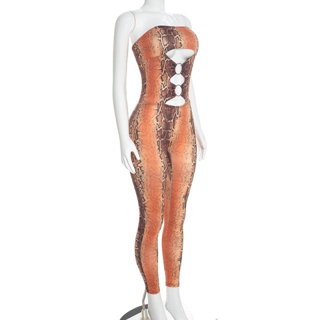 Strapless Hollow Out Snake Printed Jumpsuit