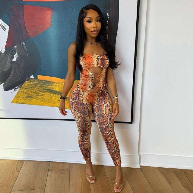 Strapless Hollow Out Snake Printed Jumpsuit