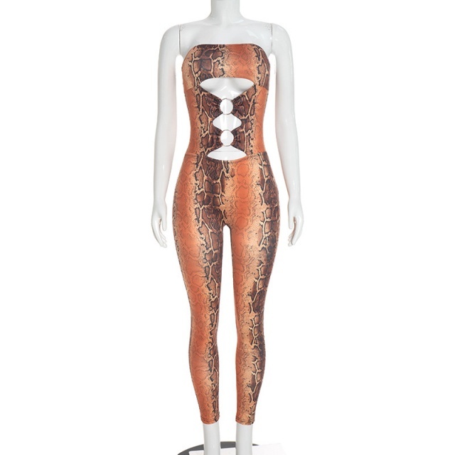 Strapless Hollow Out Snake Printed Jumpsuit