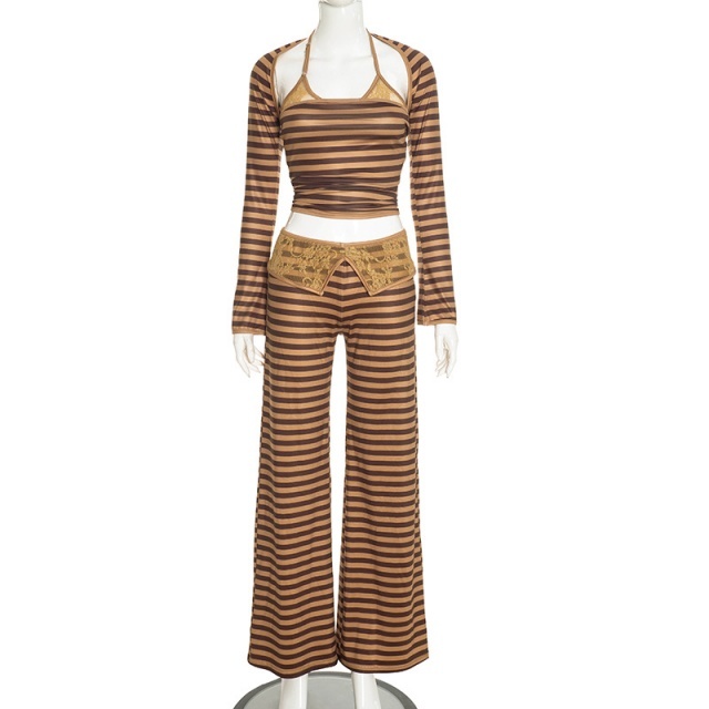 Striped Halter Top with Cardigan Lace-trimmed Patchwork Pant Set