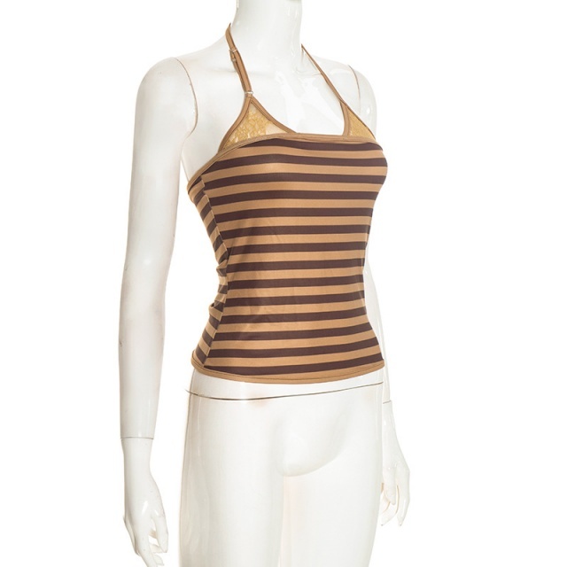 Striped Halter Top with Cardigan Lace-trimmed Patchwork Pant Set