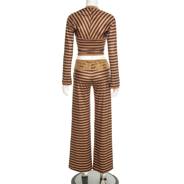 Striped Halter Top with Cardigan Lace-trimmed Patchwork Pant Set