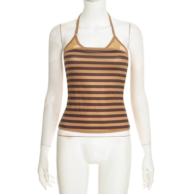 Striped Halter Top with Cardigan Lace-trimmed Patchwork Pant Set