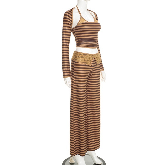 Striped Halter Top with Cardigan Lace-trimmed Patchwork Pant Set