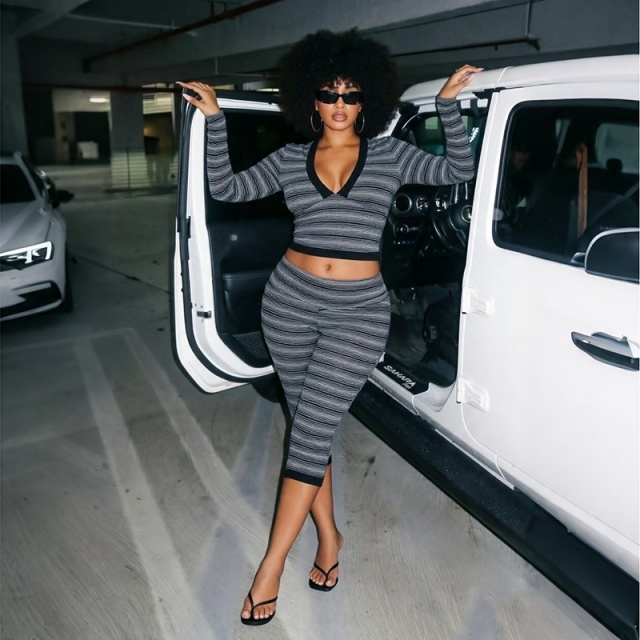 Striped V Neck Top Fitted Cropped Pant Set