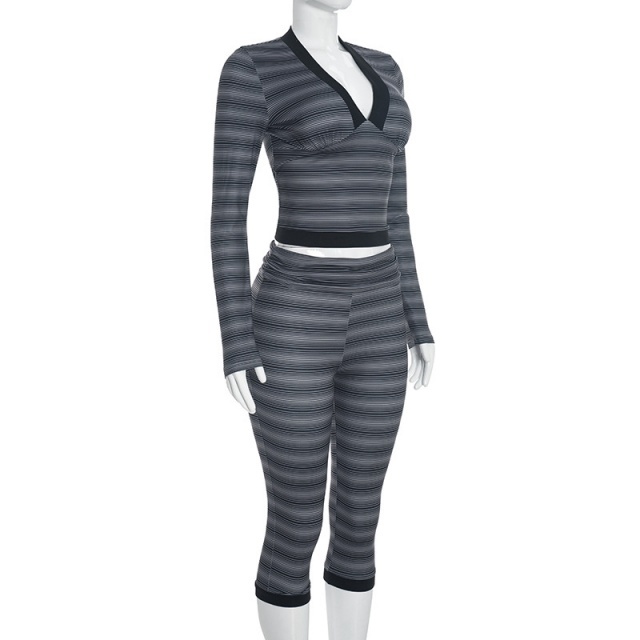 Striped V Neck Top Fitted Cropped Pant Set
