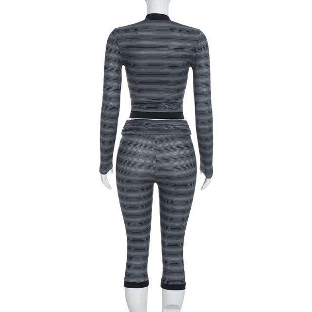 Striped V Neck Top Fitted Cropped Pant Set