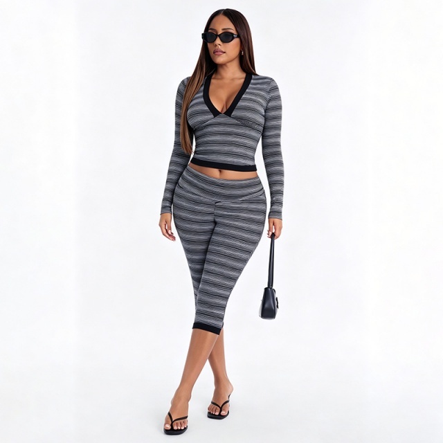 Striped V Neck Top Fitted Cropped Pant Set