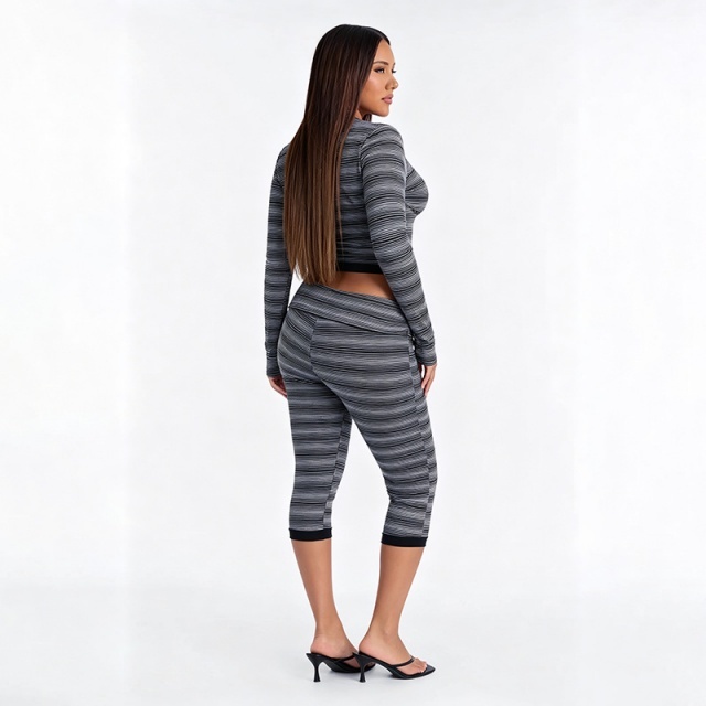 Striped V Neck Top Fitted Cropped Pant Set