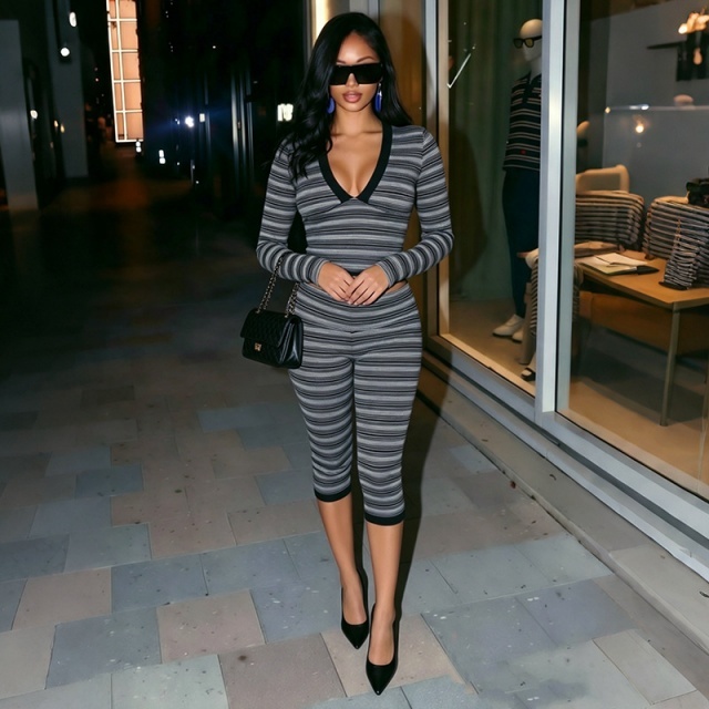 Striped V Neck Top Fitted Cropped Pant Set