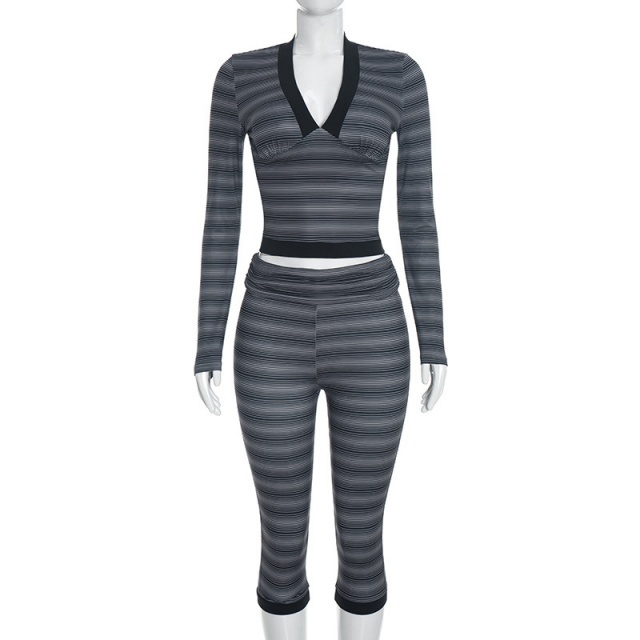 Striped V Neck Top Fitted Cropped Pant Set