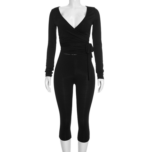 V Neck Long-sleeve Top Slim Fitted Cropped Pant Set