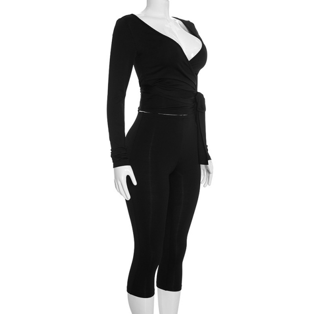 V Neck Long-sleeve Top Slim Fitted Cropped Pant Set