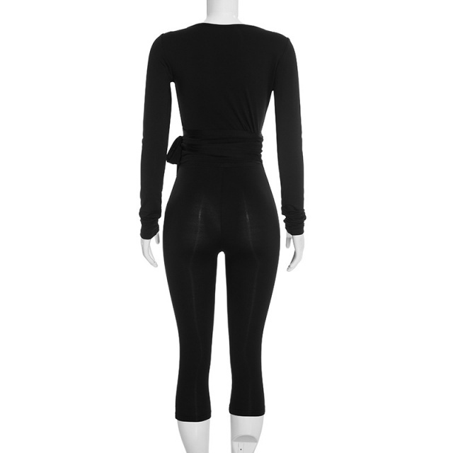 V Neck Long-sleeve Top Slim Fitted Cropped Pant Set