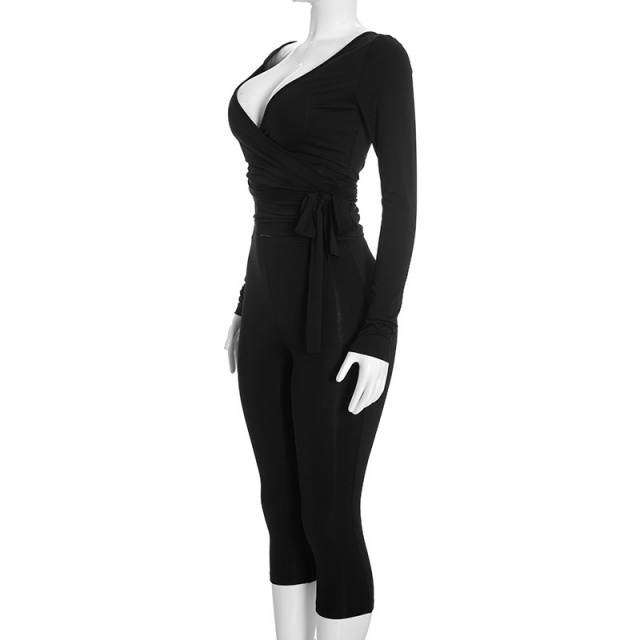 V Neck Long-sleeve Top Slim Fitted Cropped Pant Set