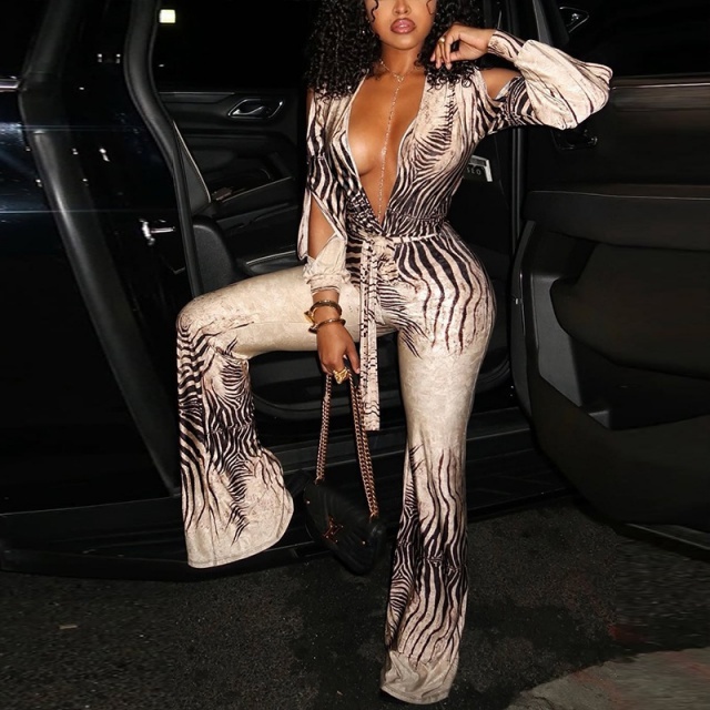 Deep V Neck Cold Shoulder Flare Jumpsuit