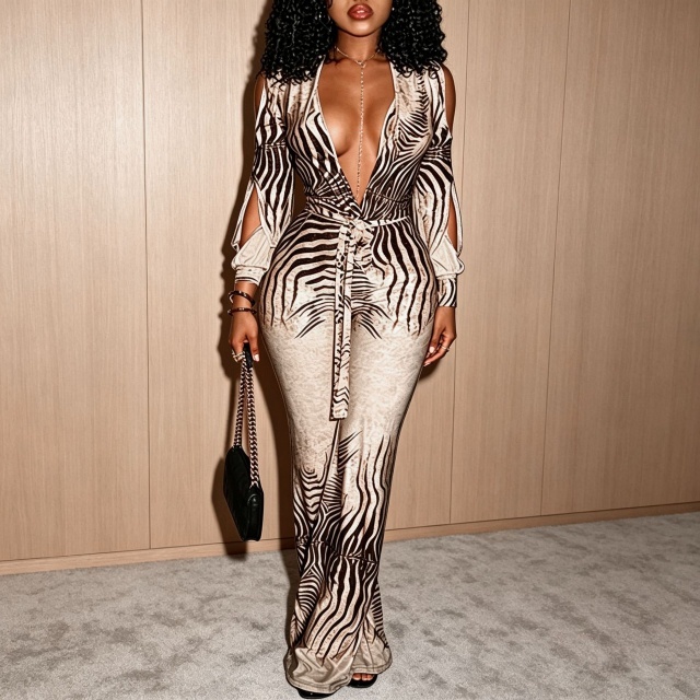 Deep V Neck Cold Shoulder Flare Jumpsuit