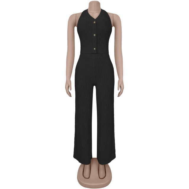 Hatler Neck Backless Wide Legs Pant Set