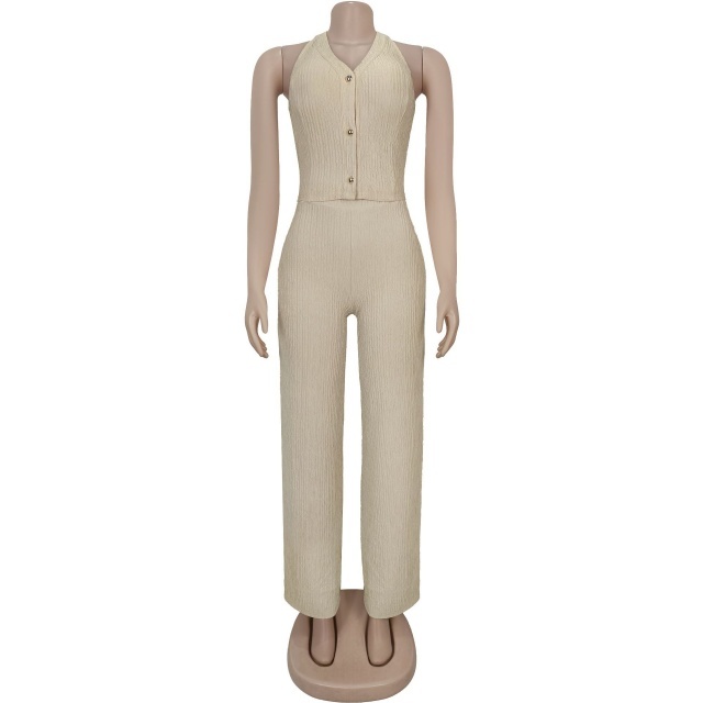 Hatler Neck Backless Wide Legs Pant Set
