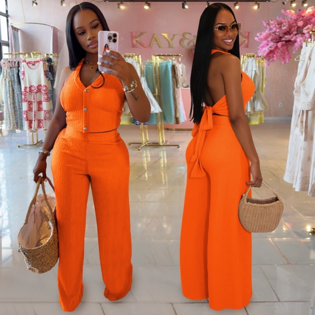 Hatler Neck Backless Wide Legs Pant Set