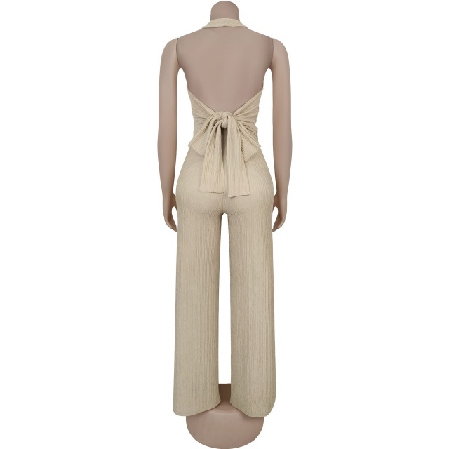 Hatler Neck Backless Wide Legs Pant Set