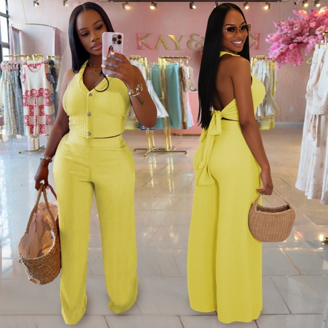 Hatler Neck Backless Wide Legs Pant Set