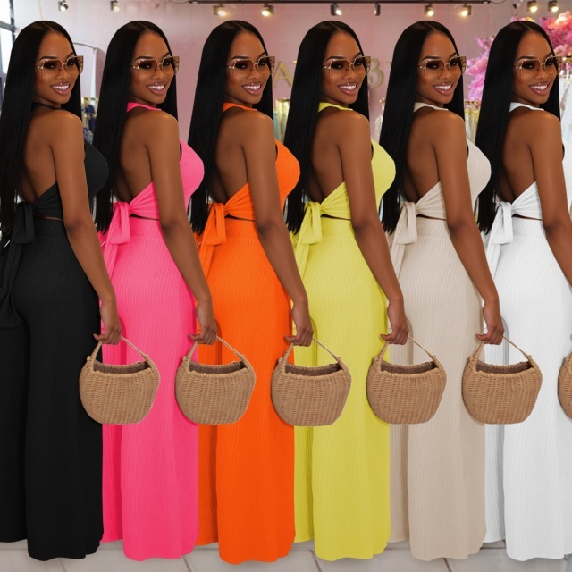 Hatler Neck Backless Wide Legs Pant Set