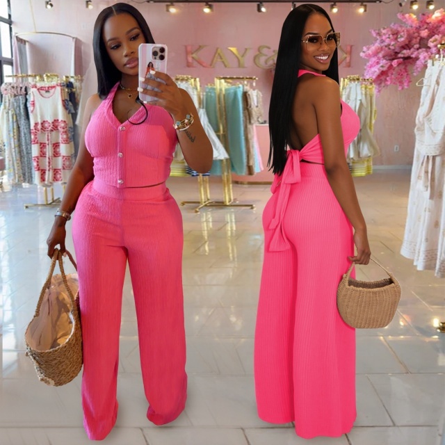 Hatler Neck Backless Wide Legs Pant Set