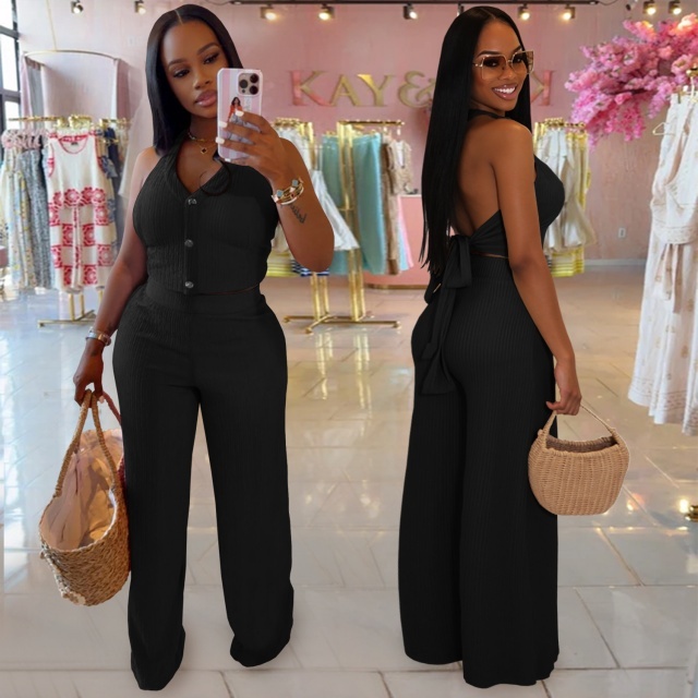 Hatler Neck Backless Wide Legs Pant Set