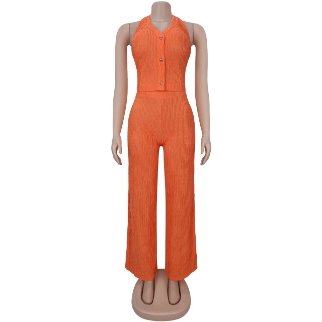 Hatler Neck Backless Wide Legs Pant Set