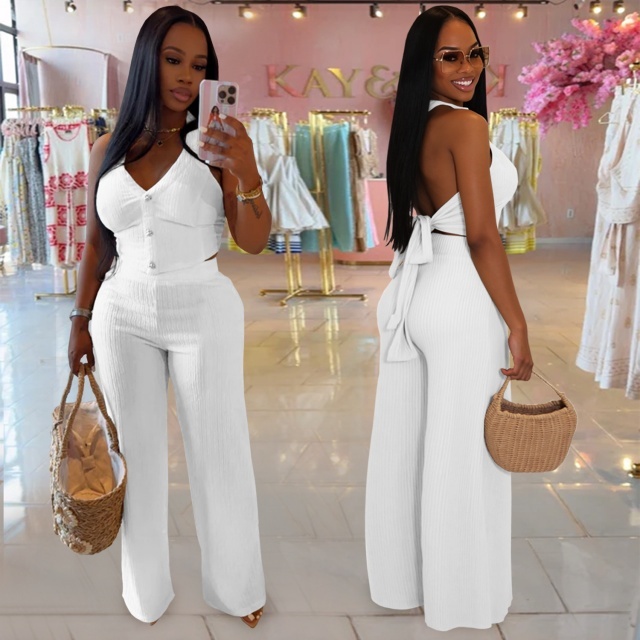 Hatler Neck Backless Wide Legs Pant Set