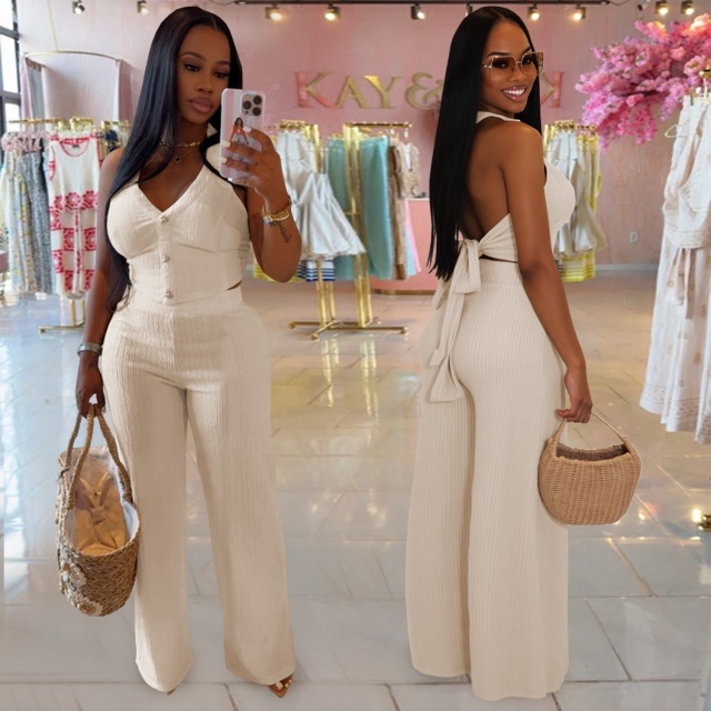 Hatler Neck Backless Wide Legs Pant Set