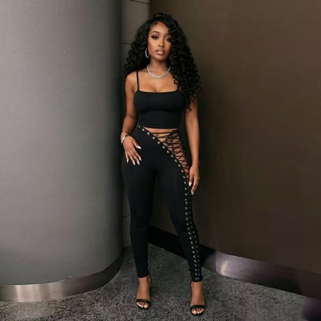 Hollow Out Laced-up Tight Leggings Set