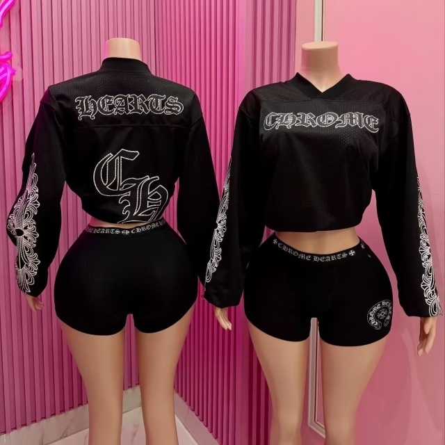 Letters Printed Long-sleeve Top Fitted Short Set