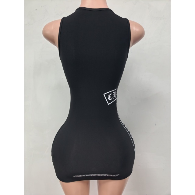 Letters Printed U Neck Sleeveless Bodycon Dress