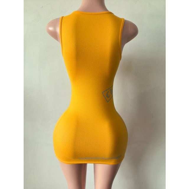 Letters Printed U Neck Sleeveless Bodycon Dress