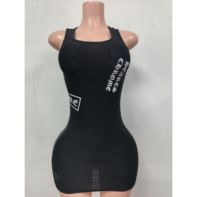 Letters Printed U Neck Sleeveless Bodycon Dress