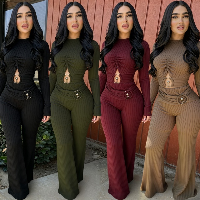 Long Sleeve Hollow Out Fitted Flare Jumpsuit