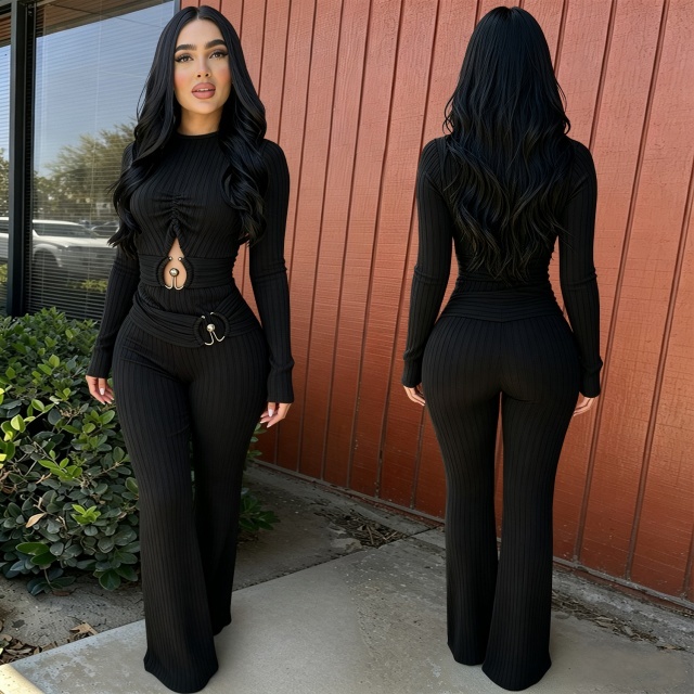 Long Sleeve Hollow Out Fitted Flare Jumpsuit