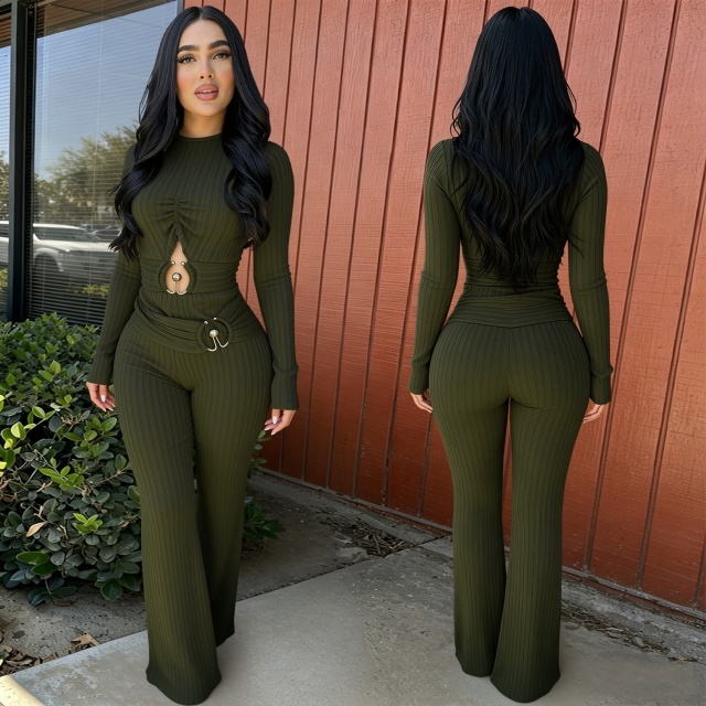 Long Sleeve Hollow Out Fitted Flare Jumpsuit
