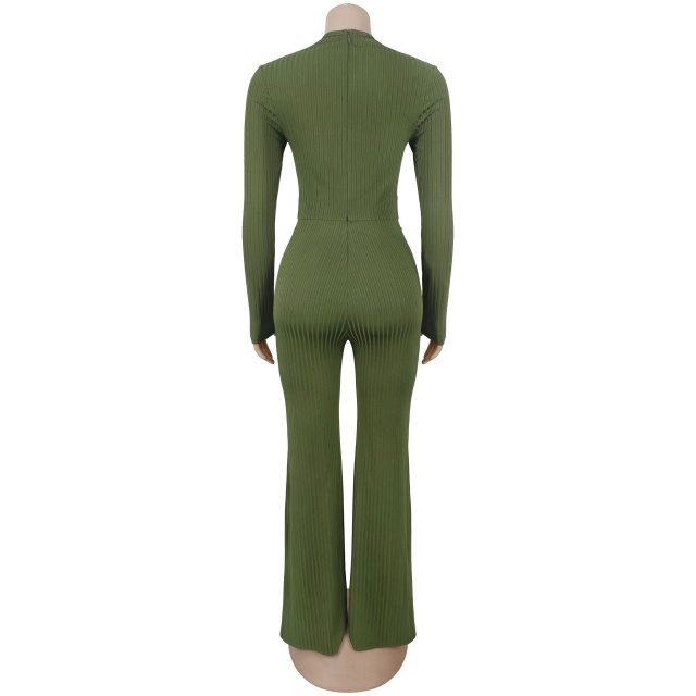 Long Sleeve Hollow Out Fitted Flare Jumpsuit
