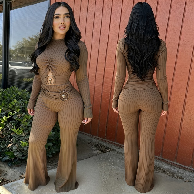 Long Sleeve Hollow Out Fitted Flare Jumpsuit