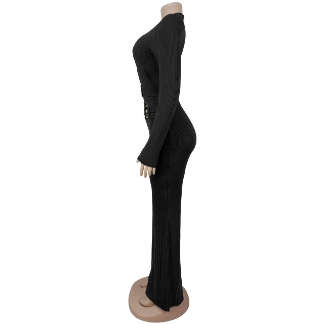 Long Sleeve Hollow Out Fitted Flare Jumpsuit