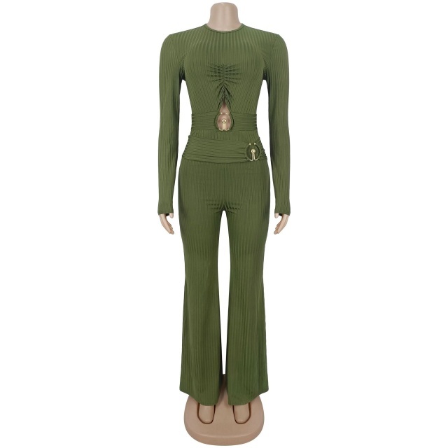 Long Sleeve Hollow Out Fitted Flare Jumpsuit