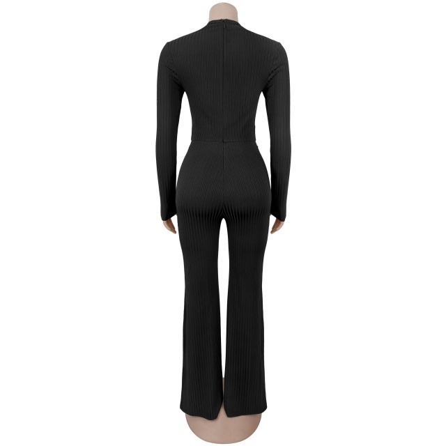 Long Sleeve Hollow Out Fitted Flare Jumpsuit