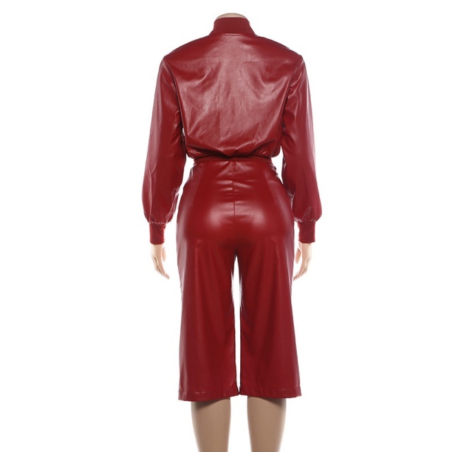 PU Leather Zip-up Jacket Wide Legs Cropped Pant Set