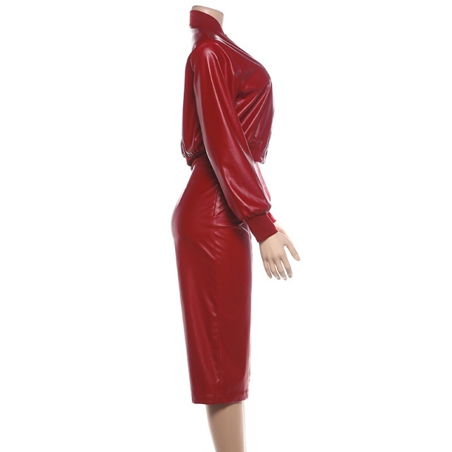 PU Leather Zip-up Jacket Wide Legs Cropped Pant Set