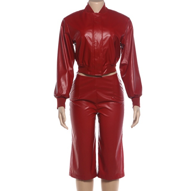 PU Leather Zip-up Jacket Wide Legs Cropped Pant Set