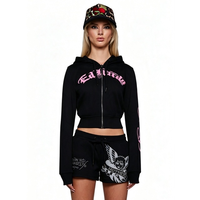 Printed Hooded Zip-up Jacket Jogger Short Set