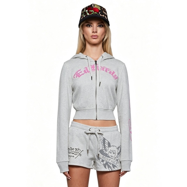 Printed Hooded Zip-up Jacket Jogger Short Set